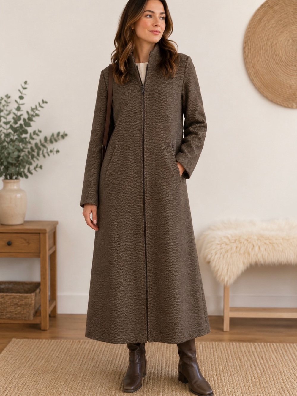 Diamond Tea XL Brown Herringbone Full Zip Long Duster Maxi Coat